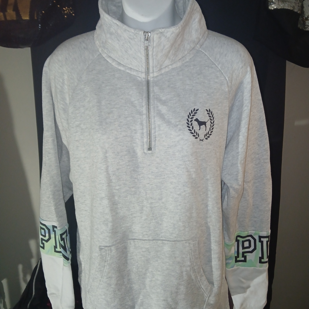 Pink Victoria's Secret Light Gray W/Tropical Accent Sleeves Half Zip